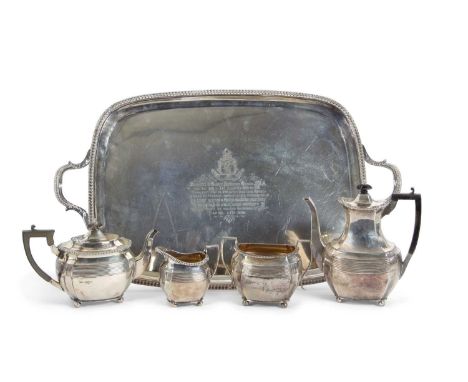 Victorian silver five piece presentation tea service, the twin handled tray of rectangular form engraved to the centre beneat