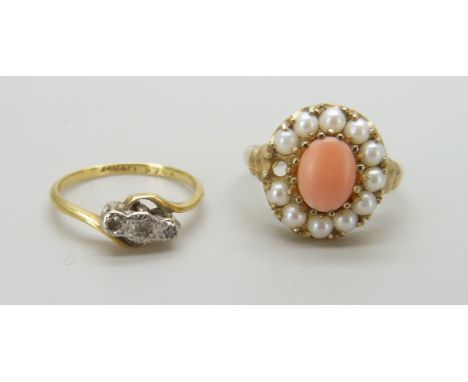 A 9ct yellow gold coral and seed pearl ring (lacking one pearl) 3.3g and an 18ct yellow gold ring (lacking one diamond) 1.8g