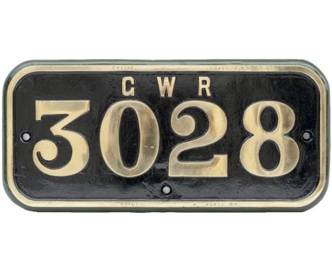 GWR brass cabside numberplate GWR 3028 ex Robinson Rod 2-8-0 built by Nasmyth Wilson as works number 1281 in 1918 and deliver