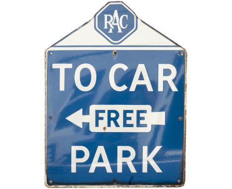 Motoring enamel sign RAC TO FREE CAR PARK with left facing arrow. In very good as removed condition with makers name Burnham 