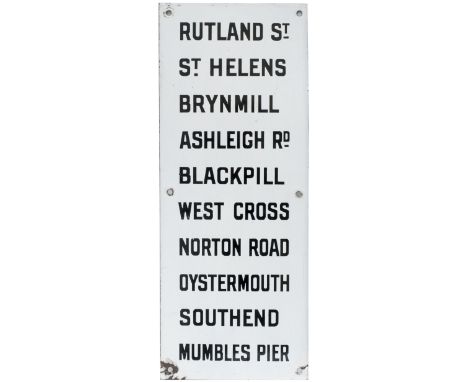 Swansea and Mumbles Railway destination enamel sign listing RUTLAND ST, ST HELENS, BYRNMILL, ASHLEIGH RD, BLACKPILL, WEST CRO