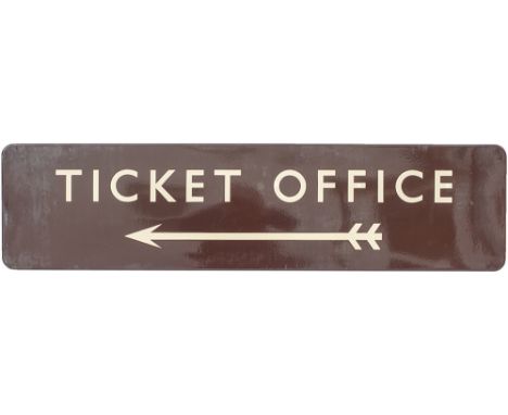 BR(W) FF enamel station sign TICKET OFFICE with left facing arrow. In good condition with a few small repairs, measures 48in 