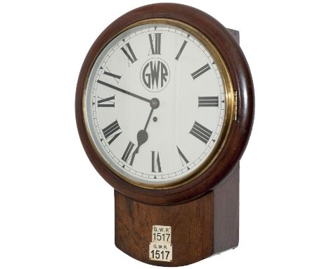 Great Western Railway 12 inch mahogany cased drop dial fusee railway clock with a rectangular plated English fusee movement, 