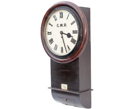 Great Western Railway 12 inch mahogany cased drop dial trunk fusee railway clock with a large early A frame chain driven fuse