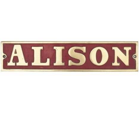 Nameplate ALISON ex 0-4-0 ST built by Avonside Engine Co as works number 1590 in 1910 and delivered new to John Lysaght Ltd, 