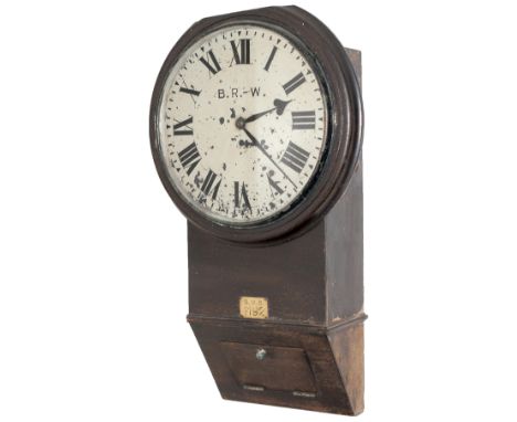 Great Western Railway 12 inch teak cased drop dial chisel bottom fusee railway clock with a large rectangular plated chain dr