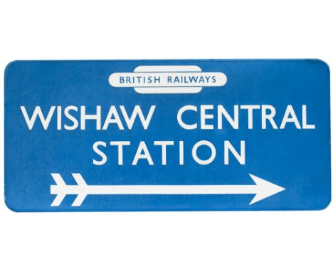 BR(Sc) FF station direction enamel sign WISHAW CENTRAL with British Railways totem in the top and right facing arrow. In good