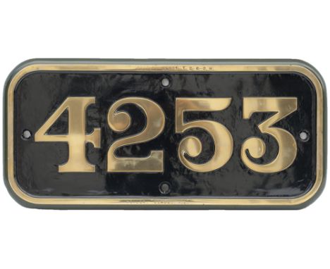 GWR brass cabside numberplate 4253 ex Churchward 2-8-0 T built at Swindon in 1917. Allocated to 86B Newport Pill from where i