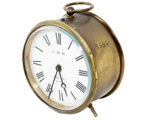 GWR Brass drum railway clock with 3.5 inch enamelled dial GWR KAY &amp; CO PARIS. Case, back and movement stamped 3594, and h