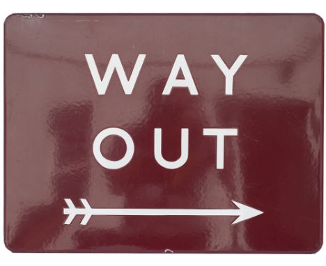 BR(M) FF enamel sign WAY OUT with right facing arrow. In very good condition with minor edge chipping. Measures 24in x 18in.