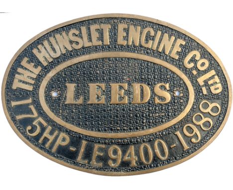 Diesel worksplate THE HUNSLET ENGINE CO LTD LEEDS 175HP No LE 9400 1988. Ex 20 tonne 900mm gauge battery rack adhesion 0-4-0 