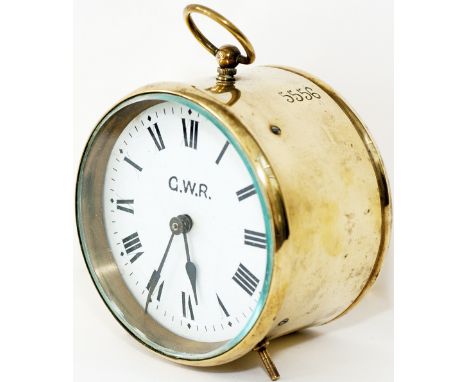 GWR brass Drum Clock with original enamel dial lettered G.W.R. and stamped 5556 on the side and back of the case. The French 