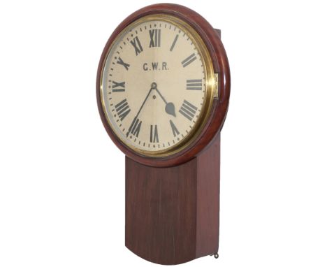 Great Western Railway mahogany cased drop dial 14 inch fusee clock lettered on the dial G.W.R with. With a large rectangular 