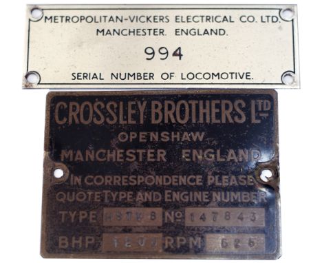 Diesel Worksplate METROPOLITAN VICKERS ELECTRICAL CO LTD MANCHESTER ENGLAND 994 SERIAL NUMBER OF LOCOMOTIVE. Ex BR class 28 D