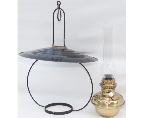 GWR signal box hanging lamp complete with reservoir, burner, glass chimney, hanging loop and shade. In excellent condition.