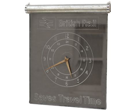 British Railways Travel Agents Clock BRITISH RAILWAYS SAVES TRAVEL TIME with a battery movement (not working) and a 240v main