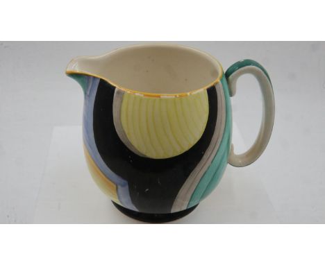 Susie Cooper for Grays pottery, cubist pattern, Paris shaped jug, H: 13cm, no chips or cracks, some minor paint losses. UK P&