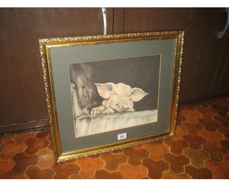 A gilt framed pig print, signed Logan.