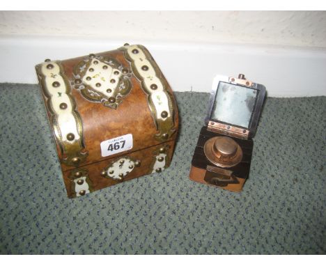 A victorian burr walnut domed lid work box and a travelling inkwell (2).