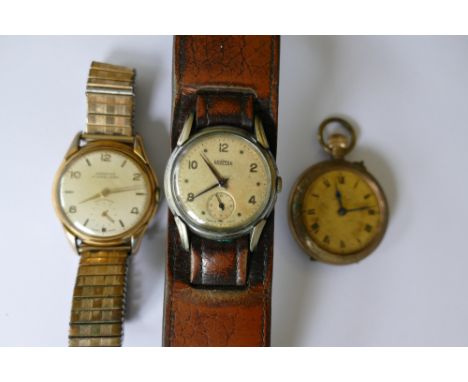 A gentleman's Roamer watch together with another gentleman's manual wind watch. A Swiss gold plate ladies fob watch (3).