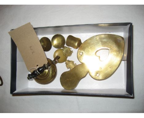 A brass trivet, various brass caddy spoons etc (1 x box)