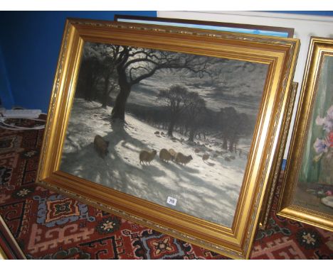 After Joseph Farquharson, a signed print depicting sheep in the moonlight in an Aberdeenshire landscape, gilt frame.