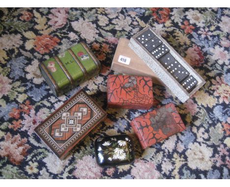 An early 20th century Macfarlane cabin trunk biscuit tin, a paper machine soap box, 2 domino sets etc (7).