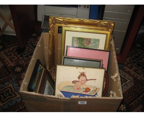 A box of prints etc. including a Mary Lucy Atwell bathroom print (qty).
