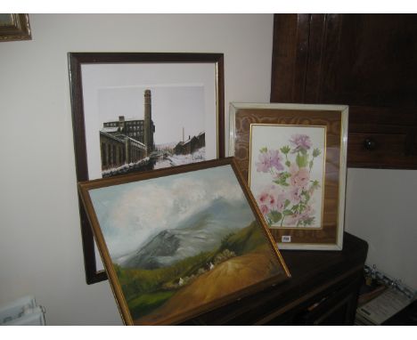 A floral watercolour, an oil &amp; a West Yorkshire print (3)