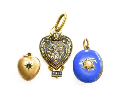 A Micro Mosaic Pendant, depicting doves within a heart shaped frame, length 4.2cm; An Enamel and Split Pearl Locket, length 2