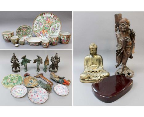 A Chinese Carved Hardwood Figure, together with a plaster model of a seated Buddha, various small Cantonese enamel dishes, Ca
