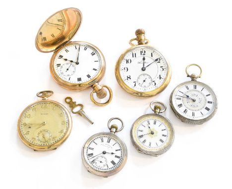 Two Gold Plated Open Faced Pocket Watches, signed Hamilton and Tempo, Gold Plated Full Hunter Pocket Watch and Three Lady's F