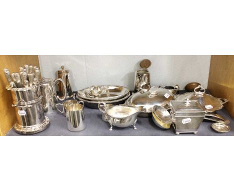 A Collection of Assorted Silver Plate, including an entree-dish and cover; a syphon-stand; a tapering square section caddy on