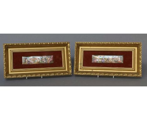 A Pair of Enamel Porcelain Plaques, 20th Century, each 12cm by 3cm framed, together with a set of six 20th century Vienna pri