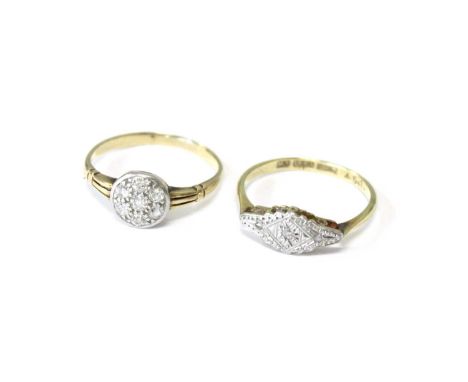 A Diamond Three Stone Ring, stamped '18CT' and 'PLAT', finger size L1/2; and A Diamond Cluster Ring, unmarked, finger size MG