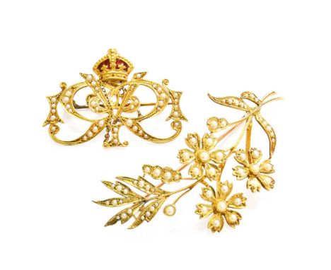 A Split Pearl and Enamel Brooch, stamped '15CT', length 3.8cm; and A Split Pearl Spray Brooch, stamped '15CT', length 6.2cmGr