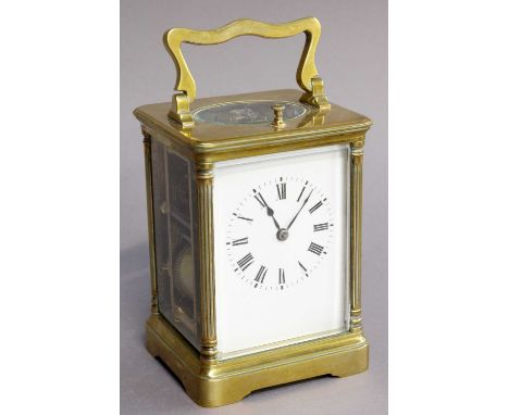 A Brass Striking and Repeating Carriage Clock, circa 1900, twin barrel movement with a platform lever escapement , striking o