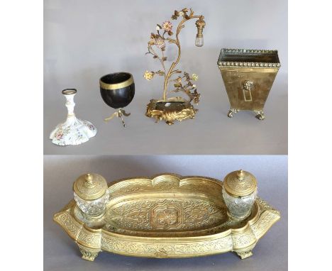 A Victorian Brass and Cut Glass Deskstand, with two inkwells on a shaped oval plateau, 36cm wide, A Porcelain and Gilt Metal 