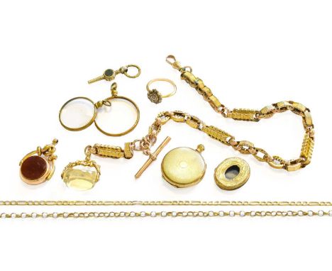 A Small Quantity of Jewellery, including an enamel and diamond ring; two 9 carat gold chains; a hardstone swivel fob; a swive