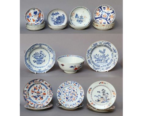 A Chinese Imari Porcelain Waste Bowl, Qianlong, seven similar plates, eleven similar saucers, two blue and white dishes of a 