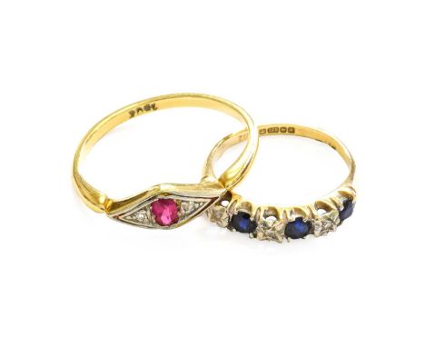 A 9 Carat Gold Sapphire and Diamond Seven Stone Ring, finger size L1/2; and A Synthetic Ruby and Diamond Three Stone Ring, in