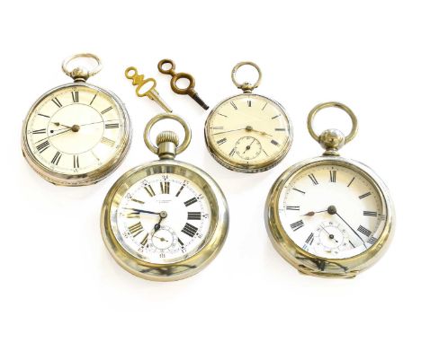 A Silver Open Faced Centre Seconds Pocket Watch, a Lady's Silver Fob Watch and Two Silver Plated Open Faced Pocket Watches, (