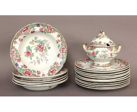 A Spode New Stone Dinner Service, printed and painted with chinoiserie foliage, printed and impressed marks, comprising:, one