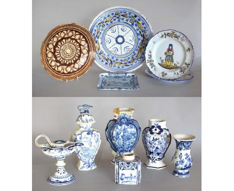 Three Various Delft Vases and a Cover, A Delft Tea Canister, Vase, Oil Lamp, Four Faience Dishes, A Slipware Dish (qty)