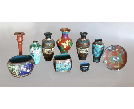 A Pair of Japanese Cloisonne Enamel Vases, Meiji period, 15.5cm high, Three Similar Vases, Three Dishes, A Tea Bowl and Sauce