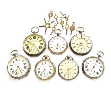 Six Silver Open-Faced Pocket Watch with Case Stamped, fine silver (7)