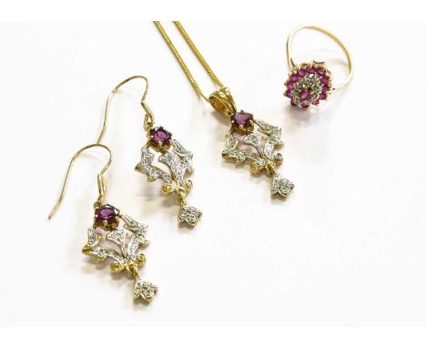 A 9 Carat Gold Ruby and Diamond Cluster Ring, finger size O; together with A Gem-Set Pendant on Chain and Matching Earrings R