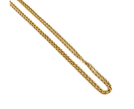 A Muff Chain, stamped '9CT', length 146cmGross weight 23.5 grams.