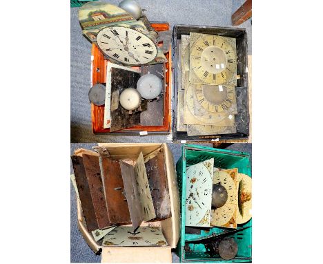 A Quantity of Longcase Clock Brass and Painted Dials, and longcase clock dial and attached movements (in four boxes)10'' Bras