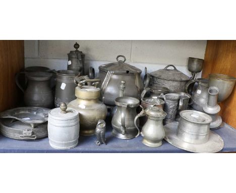 A Large Collection of Antique Pewter, mainly hollow wares and including a soup tureen, measures, a capstan inkwell, etc (qty)